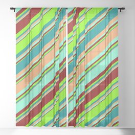 [ Thumbnail: Eyecatching Dark Cyan, Brown, Aquamarine, Dark Red, and Chartreuse Colored Striped/Lined Pattern Sheer Curtain ]