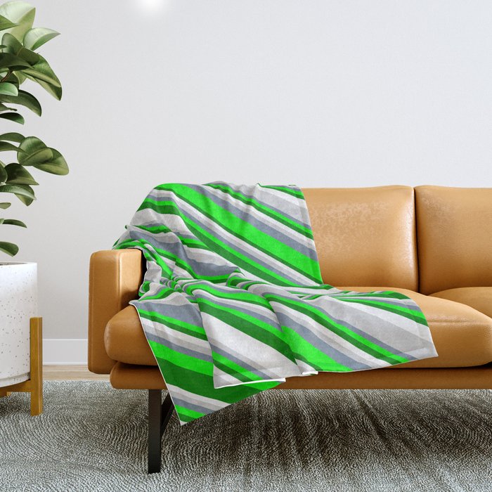 Eyecatching Light Gray, Light Slate Gray, Lime, Green, and White Colored Striped Pattern Throw Blanket