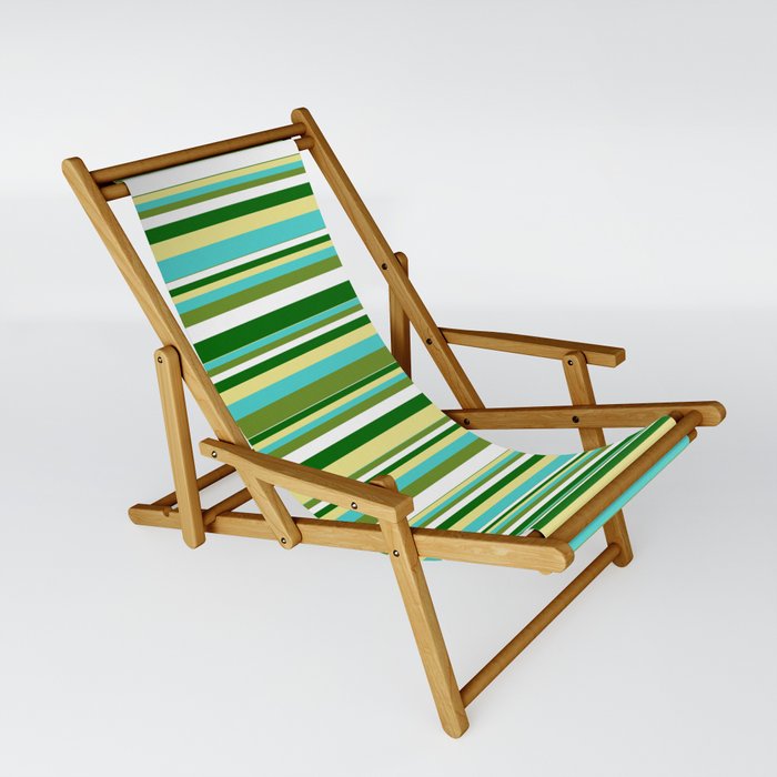 Tan, Turquoise, Green, White, and Dark Green Colored Pattern of Stripes Sling Chair