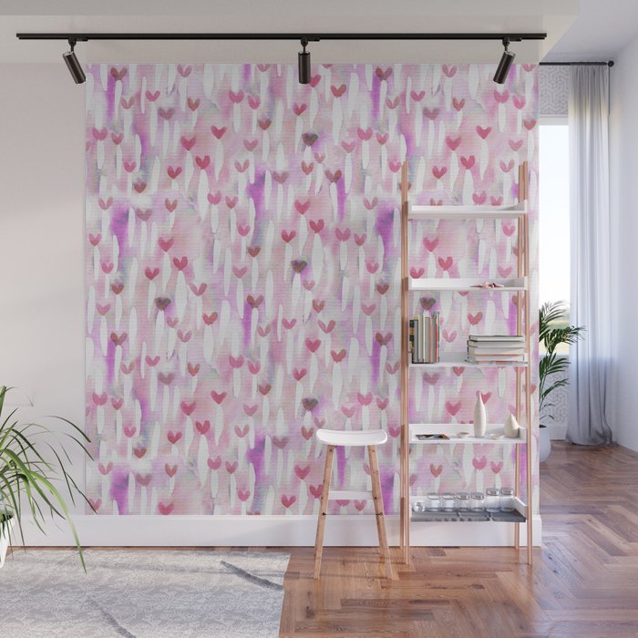 Pink Watercolor Hearts for Her Wall Mural