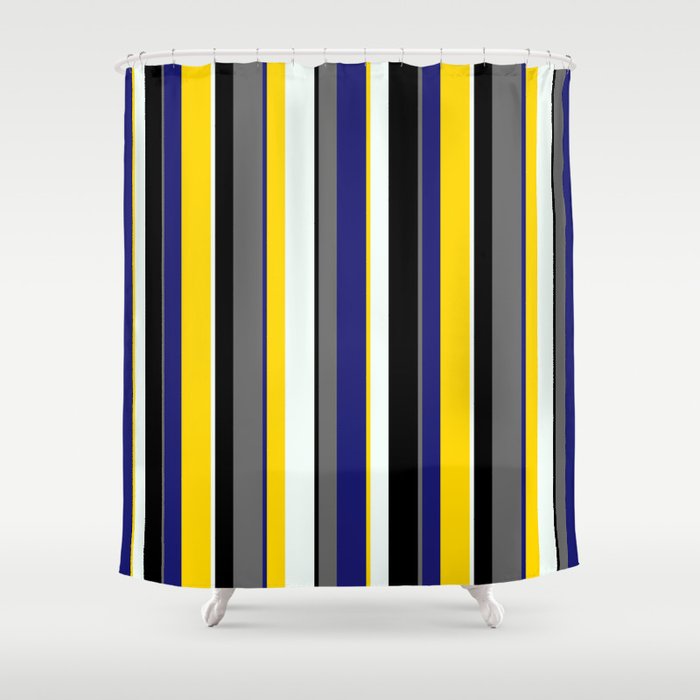 Eyecatching Mint Cream, Yellow, Midnight Blue, Dim Gray & Black Colored Pattern of Stripes Shower Curtain