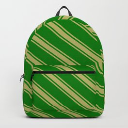 [ Thumbnail: Green & Dark Khaki Colored Lines Pattern Backpack ]