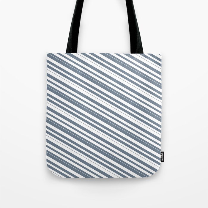 White & Slate Gray Colored Lined/Striped Pattern Tote Bag
