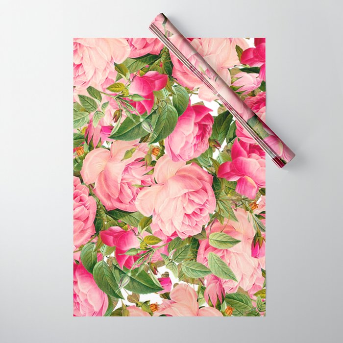 Botanic pink green fuchsia romantic roses flowers Wrapping Paper by Pink  Water