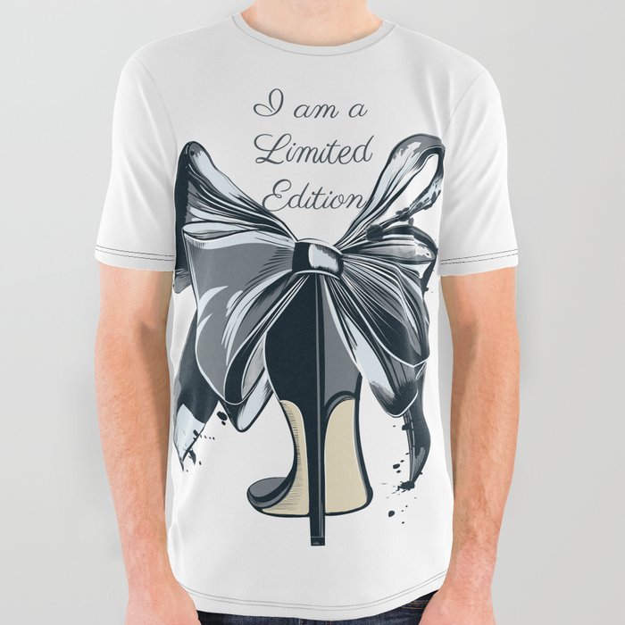 Fashion illustration with high heel shoe and bow. I am limited edition All Over Graphic Tee