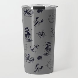 Grey And Blue Silhouettes Of Vintage Nautical Pattern Travel Mug