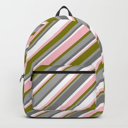 [ Thumbnail: Eye-catching Green, Dark Grey, Gray, White & Pink Colored Pattern of Stripes Backpack ]