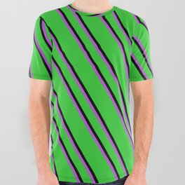 [ Thumbnail: Lime Green, Black, and Orchid Colored Stripes Pattern All Over Graphic Tee ]
