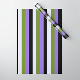 [ Thumbnail: Purple, Green, Lavender & Black Colored Lined/Striped Pattern Wrapping Paper ]