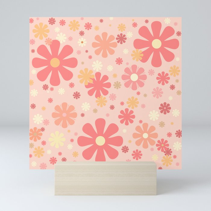 Flowerama Retro Floral Pattern in Blush Pink and Pale Yellow Mini Art Print