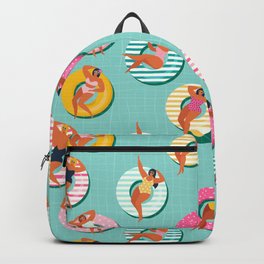 Summer gils on inflatable in swimming pool floats. Backpack | Donut, Cartoon, Drawing, Girl, Flat, Cute, Character, Fun, Body, Beach 