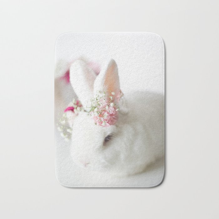 White Bunny Flower Crown Bath Mat