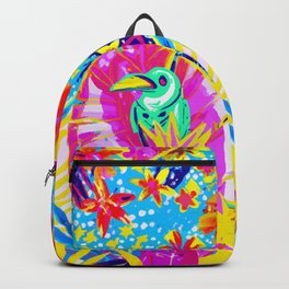 Tiki's in paradise tropical screen print design  Backpack | Parrot, Beach, Screen, Tropical, Bird, Tiki, Colorful, Paradise, Pool, Digital 
