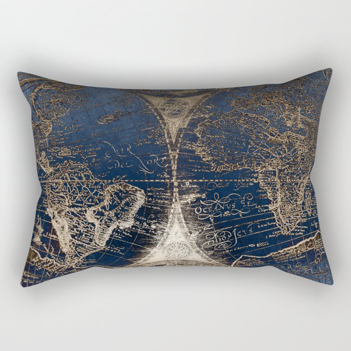 World Map Deep Blue and Gold Rectangular Pillow