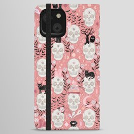Skulls with cats, bats, and witchy things - halloween, pastel orange, coral iPhone Wallet Case