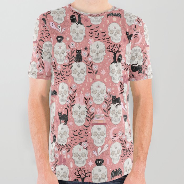 Skulls with cats, bats, and witchy things - halloween, pastel orange, coral All Over Graphic Tee
