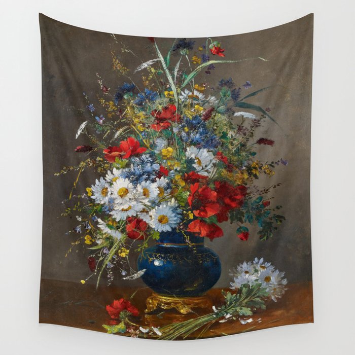 Eugene Henri Cauchois - Summery Bouquet in a Bulbous, Brass-mounted Glass Vase Wall Tapestry