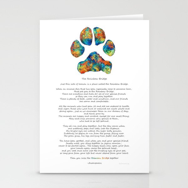 Rainbow Bridge Poem With Colorful Paw Print By Sharon Cummings Stationery Cards By Sharoncummings
