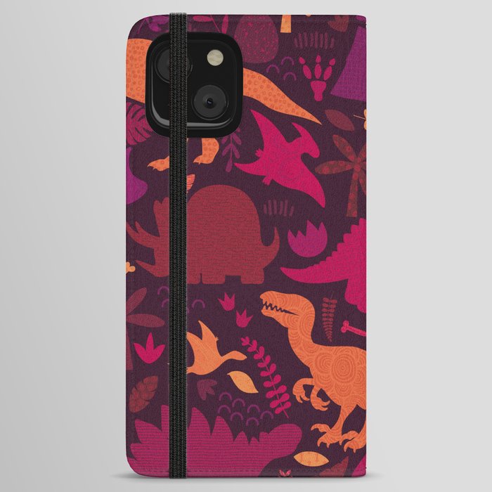 Dino Silhouette Doodle Pattern Red iPhone Wallet Case