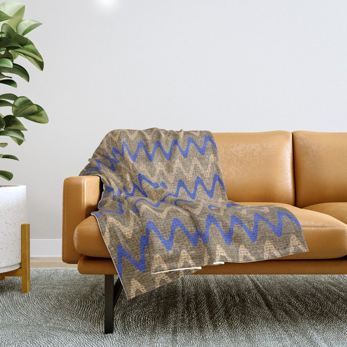 Blue and Tan Zigzag Stripes on Grungy Brown Burlap Graphic Design Throw Blanket