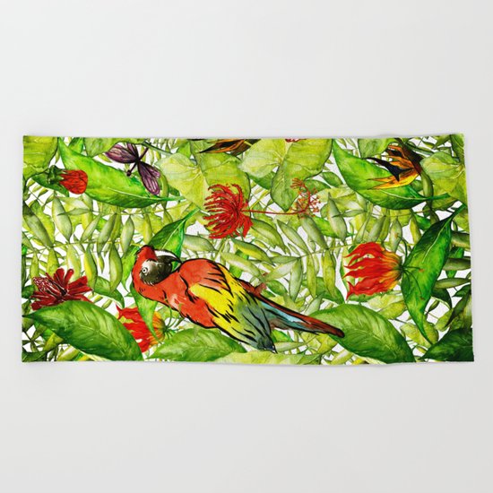 My tropical Summer Flowers and Birds Garden- Jungle Pattern on #Society6 Beach Towel