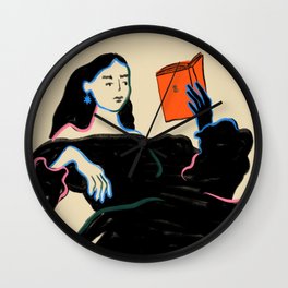 MIDNIGHT READING Wall Clock | Graphite, Drawing, Hands, Star, Digital, Book, Black, Fullmoon, Girl, Curated 