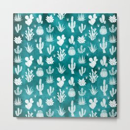 Cactus Pattern on Teal Metal Print | Blue, Garden, Teal, Watercolor, Pattern, Digital, Nature, Ink, Illustration, Plants 