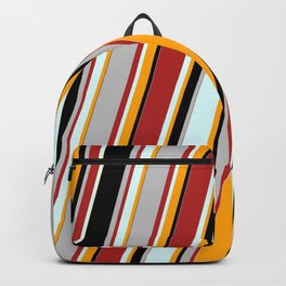 [ Thumbnail: Eyecatching Red, Light Cyan, Orange, Black, and Grey Colored Lines/Stripes Pattern Backpack ]