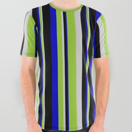 [ Thumbnail: Light Grey, Green, Blue & Black Colored Lined Pattern All Over Graphic Tee ]