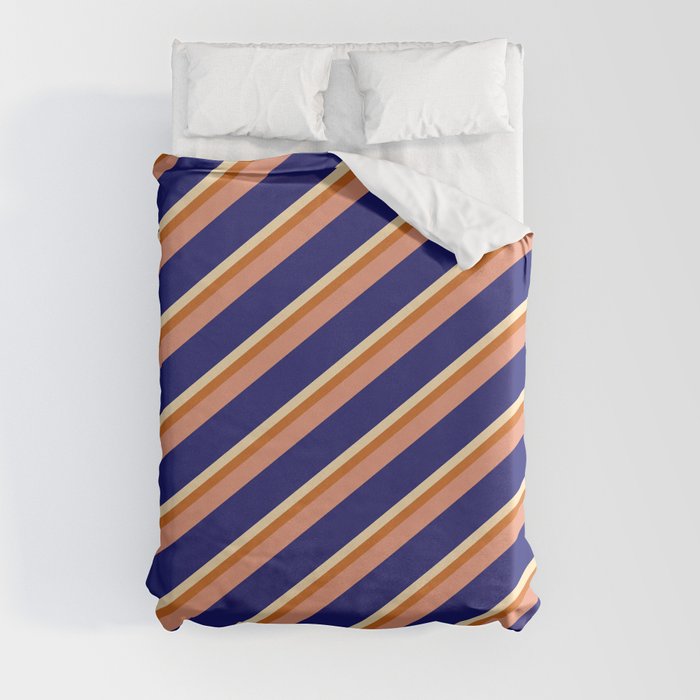 Beige, Chocolate, Dark Salmon, and Midnight Blue Colored Pattern of Stripes Duvet Cover