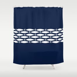 Fish Stripe 6 Minimalist Midcentury Modern Ocean Pattern in White and Nautical Navy Blue Shower Curtain