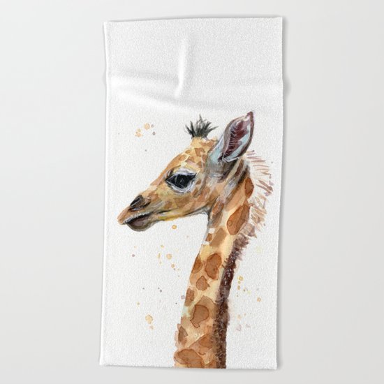 Giraffe Watercolor Cute Baby Animals Whimsical Art Beach Towel