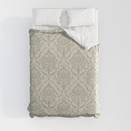Ivory and Sage Green Damask Pattern Duvet Cover