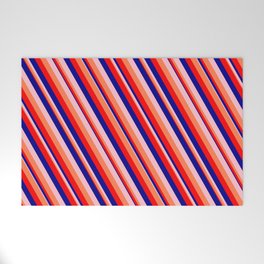 [ Thumbnail: Pink, Coral, Red, and Dark Blue Colored Pattern of Stripes Welcome Mat ]