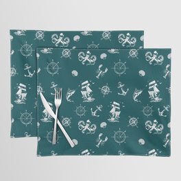 Teal Blue And White Silhouettes Of Vintage Nautical Pattern Placemat