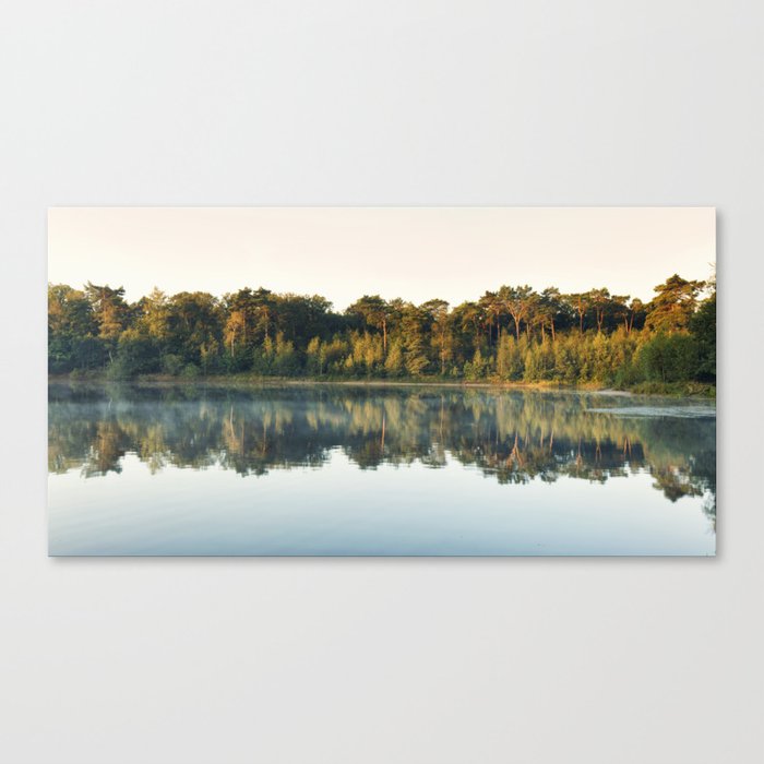 Sunrise at a foggy lake | Forestry Dorst, Netherlands photography | Landscape art print  Canvas Print