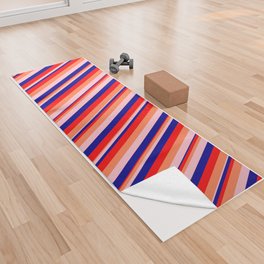 [ Thumbnail: Pink, Coral, Red, and Dark Blue Colored Pattern of Stripes Yoga Towel ]