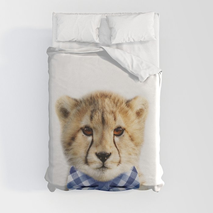 Baby Cheetah With Blue Bowtie, Baby Boy Nursery, Safari Animals, Baby Animals Art Print by Synplus Duvet Cover