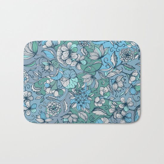 Hand drawn Floral in Blue, Grey & Mint Green Bath Mat