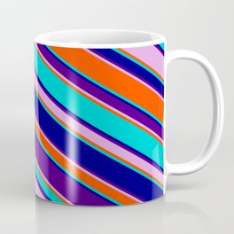 [ Thumbnail: Eyecatching Dark Turquoise, Blue, Indigo, Plum, and Red Colored Lined/Striped Pattern Coffee Mug ]