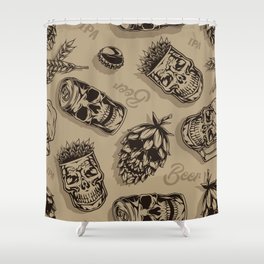 Beer vintage monochrome seamless pattern with mugs cups aluminum cans hop cones in skull shapes vintage illustration Shower Curtain