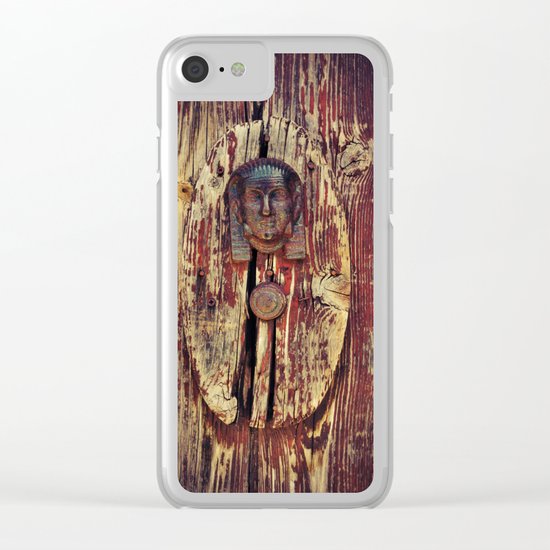 weathered wooden door with agypt door knocker Clear iPhone Case