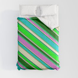 [ Thumbnail: Vibrant Dark Turquoise, Lime, Orchid, Light Yellow, and Dark Green Colored Stripes Pattern Comforter ]