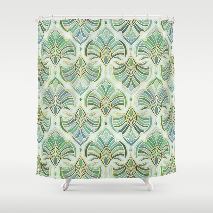 Jade Enamel Art Deco Fans Shower Curtain