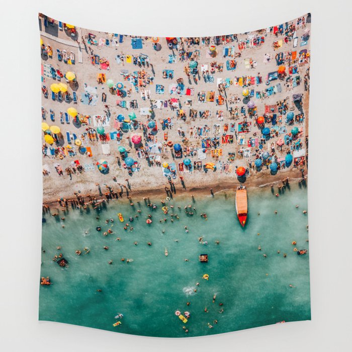 Hello Summer | Party People On Summer Ocean Beach | Aerial Beach Photography | Beach Wall Art Poster Wall Tapestry