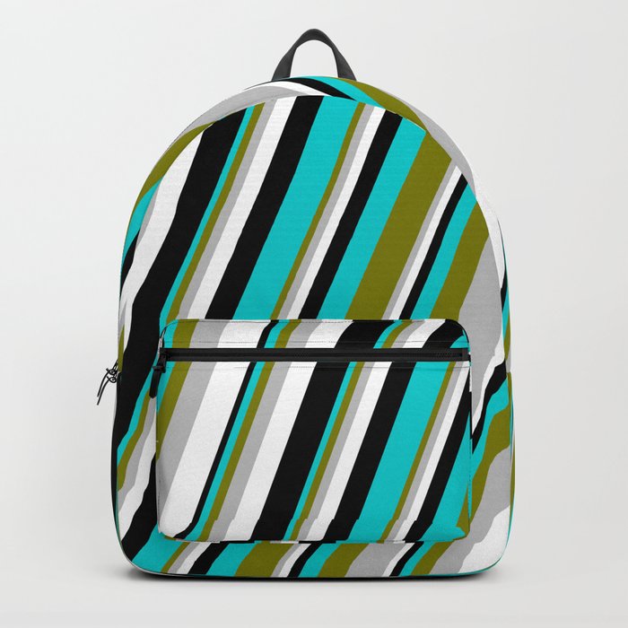 Eye-catching Green, Grey, White, Black & Dark Turquoise Colored Pattern of Stripes Backpack