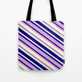 [ Thumbnail: Blue, Plum, and Light Yellow Colored Lines Pattern Tote Bag ]