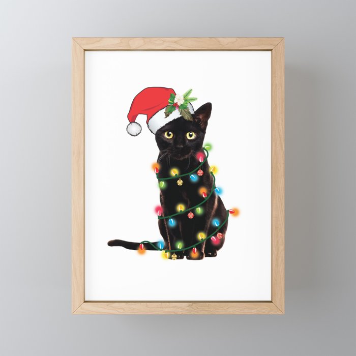 Santa Black Cat Tangled Up In Lights Christmas Santa Graphic Framed Mini Art Print