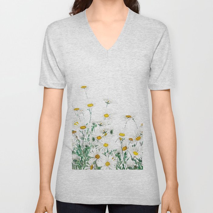 white margaret daisy horizontal watercolor painting V Neck T Shirt