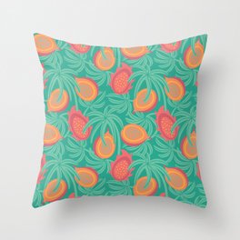 LILIKOI AND DRAGONFRUIT Exotic Tropical Fruit Botanical with Palm Leaves in Red Orange Yellow Green - UnBlink Studio by Jackie Tahara Throw Pillow